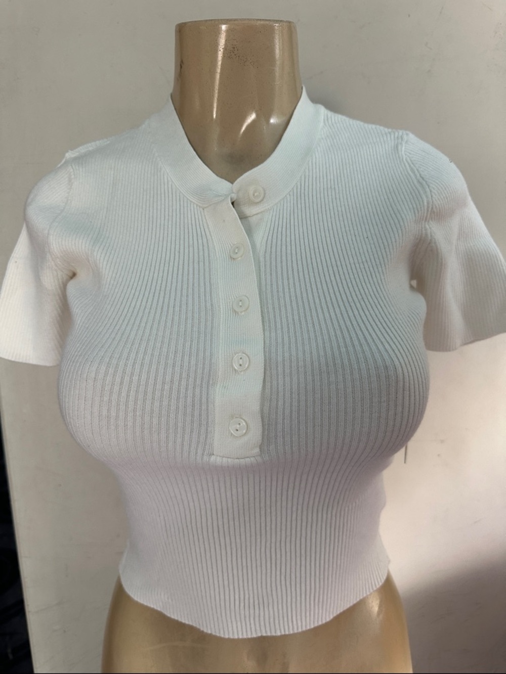Ribbed Short-Sleeve Henley Crop Top - White